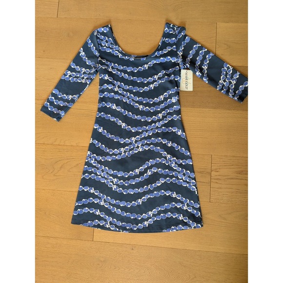 Mahi Gold Jersey Knit‎ Dress Scoop Neck 3/4 Sleeve Blue White Print XS - Picture 3 of 10